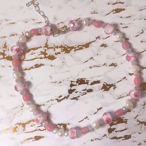 Handcrafted Beaded Choker Pink Elegance With Real Pearls 15" W/ 2" Extender